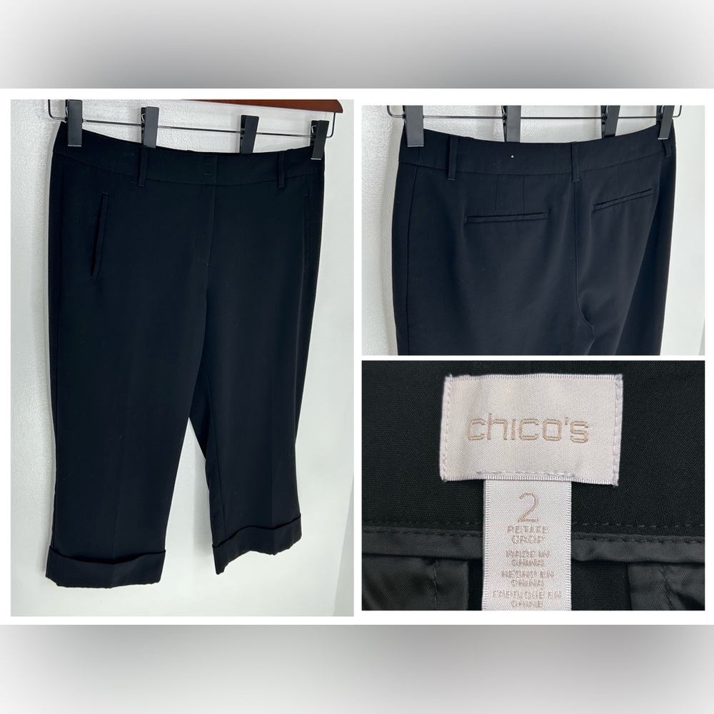 Chico's Petite Crop Pants Size 2 US 12 Black Stretch Cropped Wide Leg Flat Front